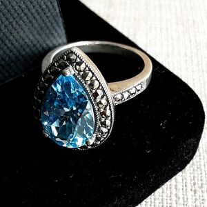 Blue Topaz Pear Cur Ring Sterling Silver SPARKLING